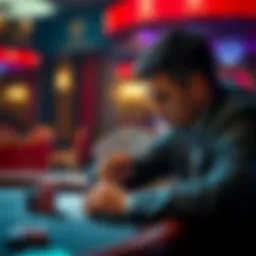 A poker player thoughtfully considering their next move, looking at their cards and the table, with a focus on strategy against weaker opponents.