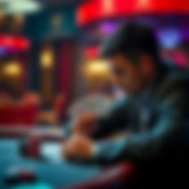 A poker player thoughtfully considering their next move, looking at their cards and the table, with a focus on strategy against weaker opponents.