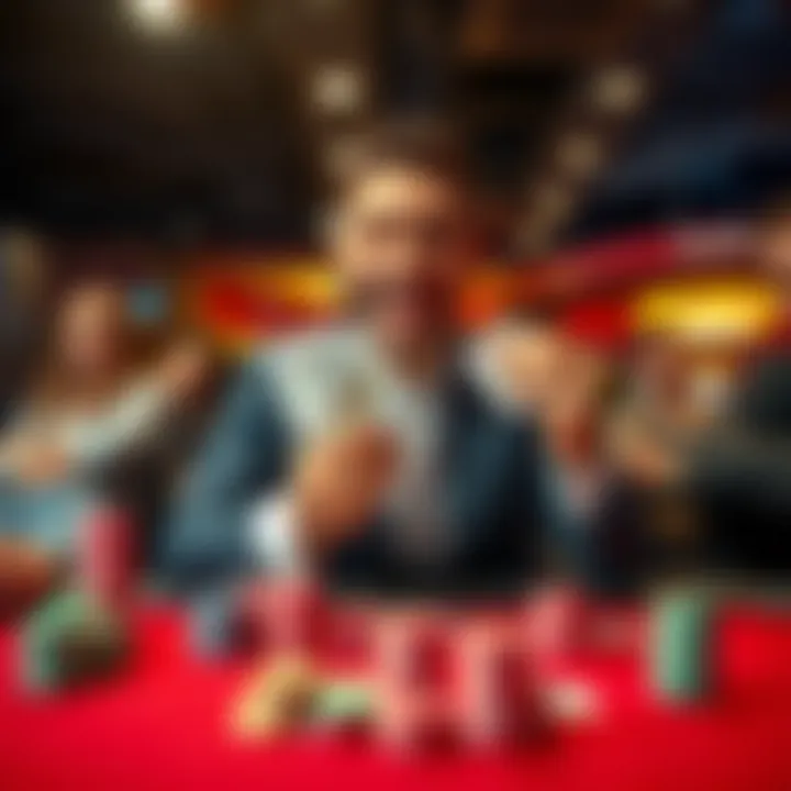 Player celebrating a poker win A poker player at a casino table joyfully reveals winning cards with a confident smile, surrounded by amazed opponents and stacks of chips.