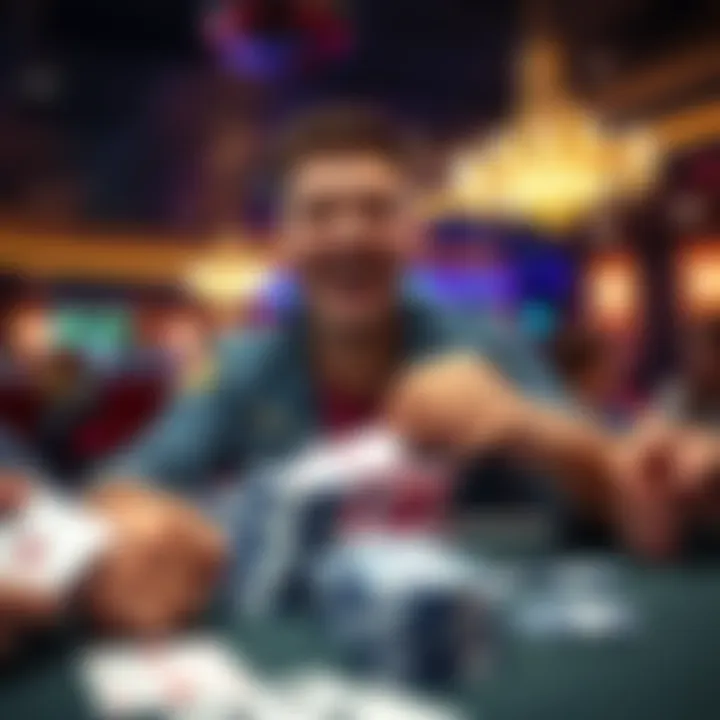 A poker player at HardRock in Hollywood, FL, celebrating a big win with a stack of chips and a smile, surrounded by cards and other players.