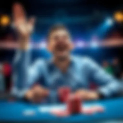 A poker player showing excitement after winning, with chips and cards on the table