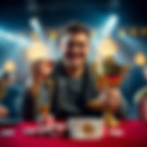 A poker player with a big smile holding a trophy after winning a tournament, with poker chips and cards on the table