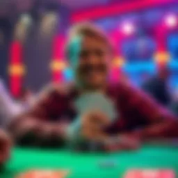 A poker player smiling at a table with chips in front, celebrating a win after a game.