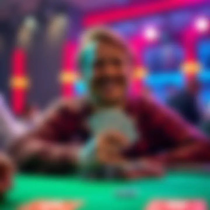 A poker player smiling at a table with chips in front, celebrating a win after a game.