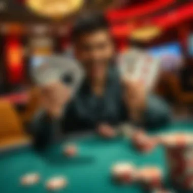 A poker player excitedly showing their winning cards, a straight flush and a royal flush, at a casino table with chips around them.
