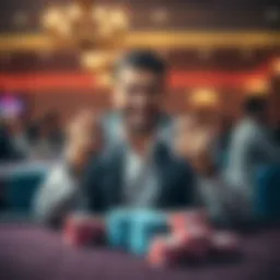 A poker player celebrates a win at the table after hitting two eights, beating an opponent's ace-king.