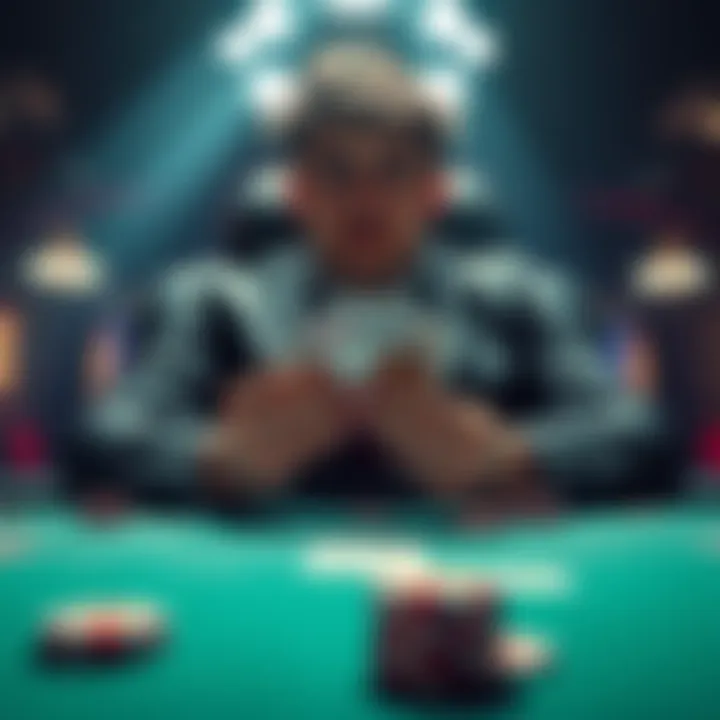 Poker Player with Cards A person sitting at a poker table holding playing cards and chips, focused on their next move.
