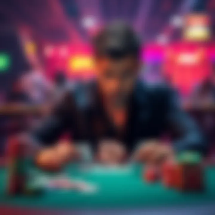 Poker player looking worried A poker player sitting at a table, concerned while holding cards, reflecting the emotional challenge of variance in the game.