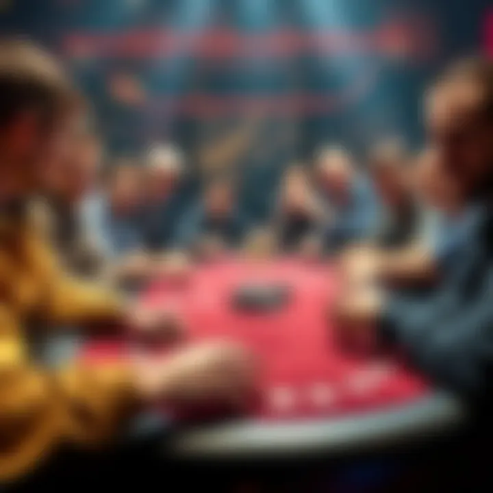 A group of poker players at a table, some pushing all their chips forward in an all in move, showing excitement and tension during the game.