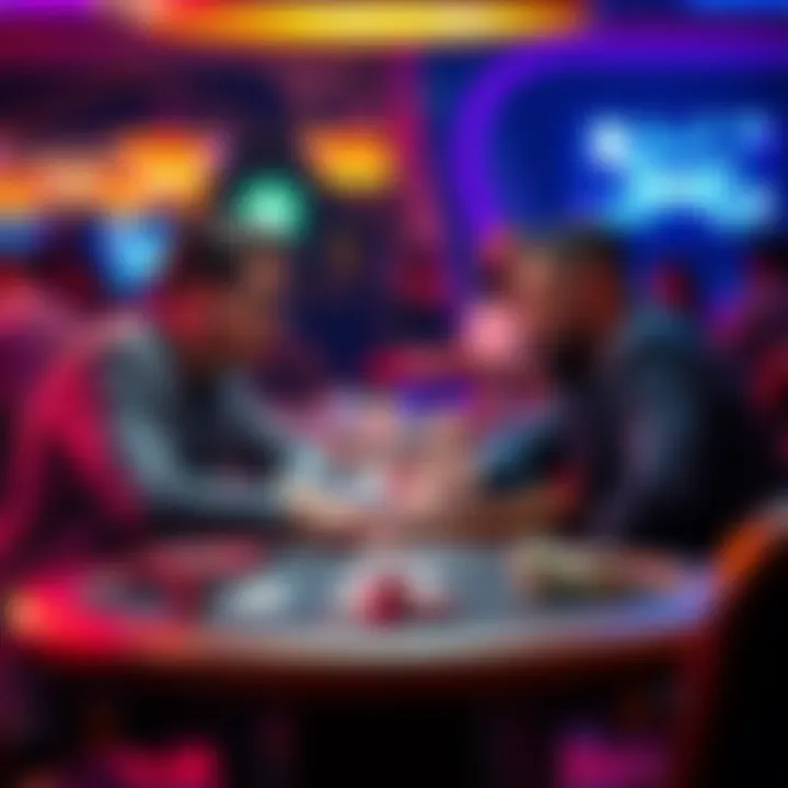 Poker players discussing strategies Two poker players analyzing hands and discussing strategies at a tournament table.
