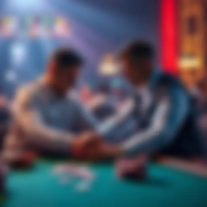 Two poker players at a table discussing their strategies after a hand is played, with cards and chips visible.