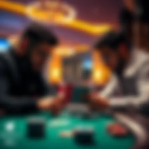 Two poker players focused on their cards at a 1/3 table, discussing strategy in a tense situation.