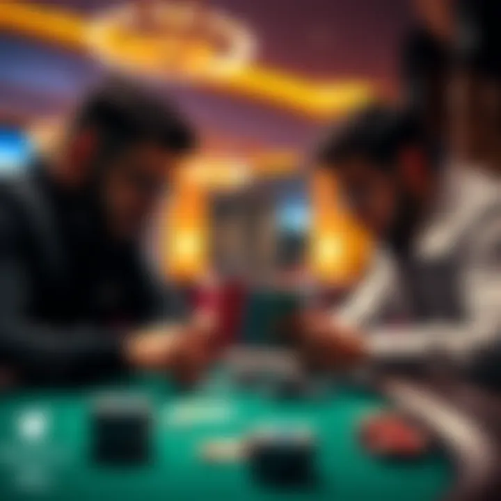 Two poker players focused on their cards at a 1/3 table, discussing strategy in a tense situation.