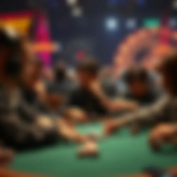 A group of poker players at a table, showing mixed reactions after a big loss, with one player looking contemplative while others maintain a stoic demeanor.