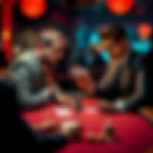 Two poker players analyzing their hands and considering their bets during a tense game.