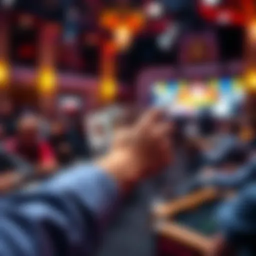 Close-up of poker cards being shown to an audience with excited spectators in the background
