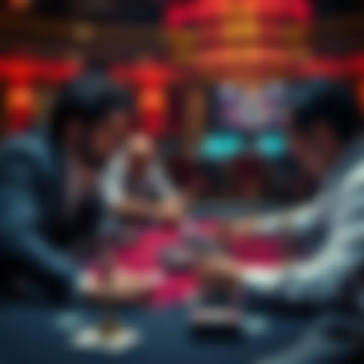 A tense poker game with one player contemplating a big bet against a determined opponent