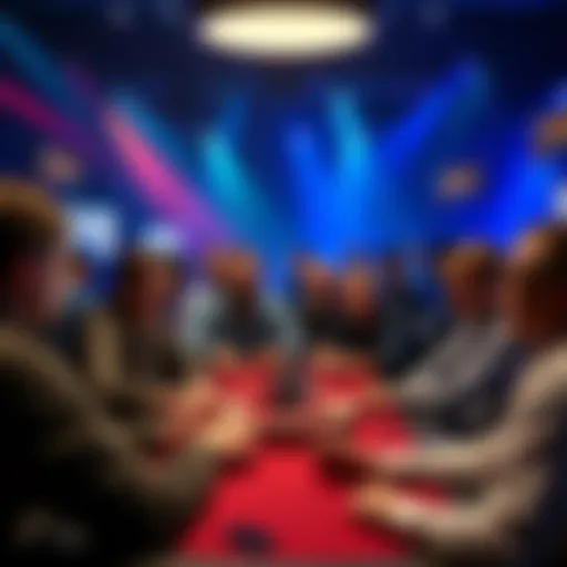 A diverse group of poker players sharing their personal stories at a casting event for a documentary series