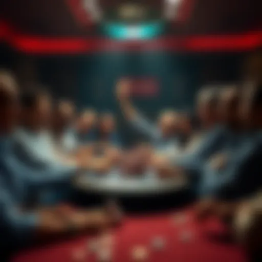 A group of poker players joyfully celebrating around a table with cards and chips after a successful game