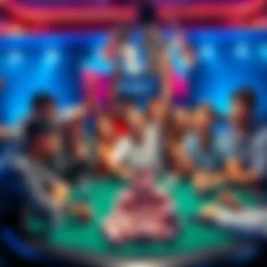Poker players celebrating wins A group of poker players joyfully celebrating at a table with chips piled high, showcasing their winnings from low-cost tournaments.
