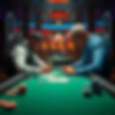 Two poker players at a table deciding whether to fold or continue their game after examining their cards and the table's situation.