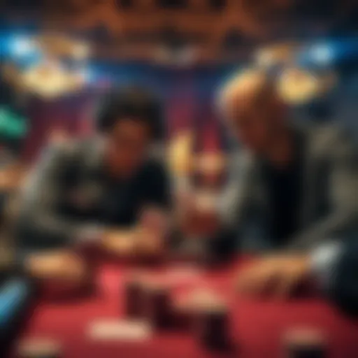 Two poker players at a table contemplating their next move in a tense game, focusing on their cards and chips.