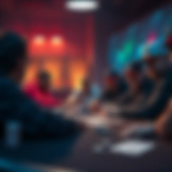 A group of poker players at a table expressing concerns about the fairness of Pokerstars PA, with poker chips and cards visible