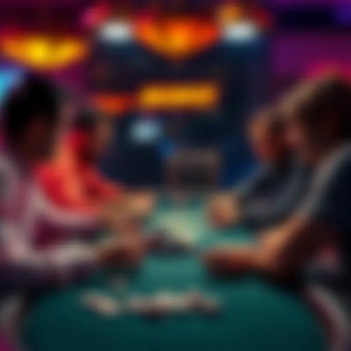 A group of poker players at a table debating the merits of high hand prizes versus jackpots, with chips and cards on the table