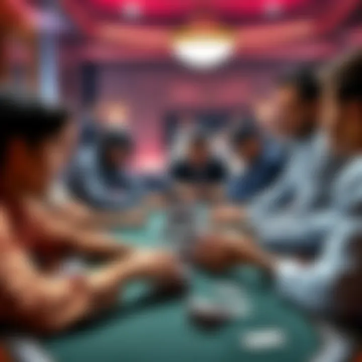 Poker players discussing strategies A group of poker players sharing strategies at a table, with chips and cards in front of them