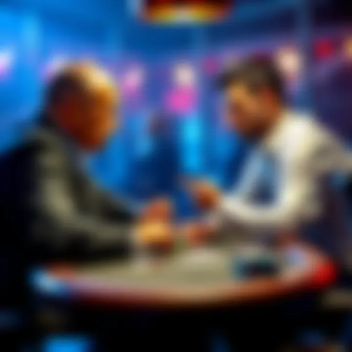 Poker players discussing 3-bet strategy Two poker players at a table analyzing hands and discussing the 3-bet pre-flop strategy in a competitive game.