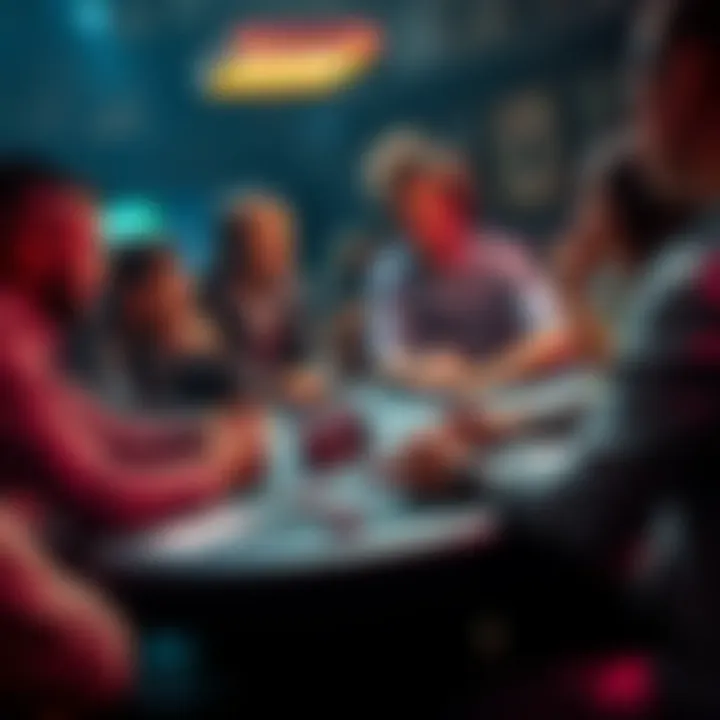 Group of poker players at a table talking about folding strategies in a competitive setting