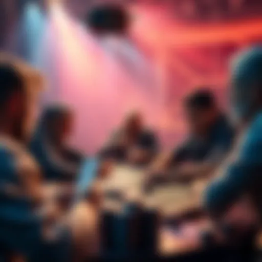A group of poker players analyzing cards and discussing ranges at a table