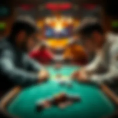 Poker players facing off at a table Two poker players strategizing at a table while chips and cards are visible