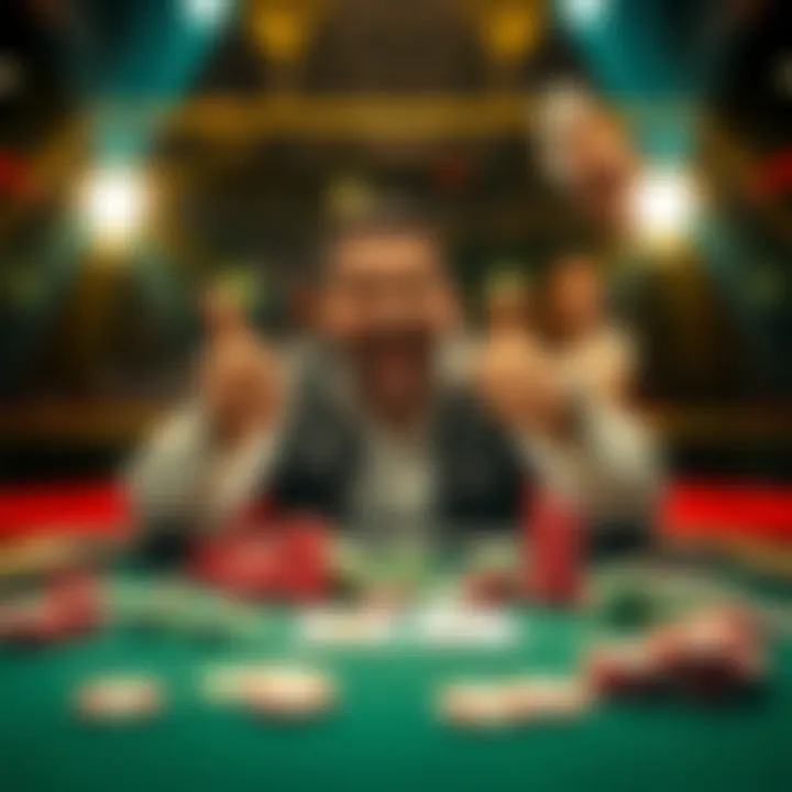 A poker player celebrating a win at a table, showcasing chips and cards, symbolizing success from starting with a small amount.