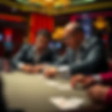Poker players at a table Two poker players whispering with their cards on the table in a Las Vegas casino, looking suspicious.