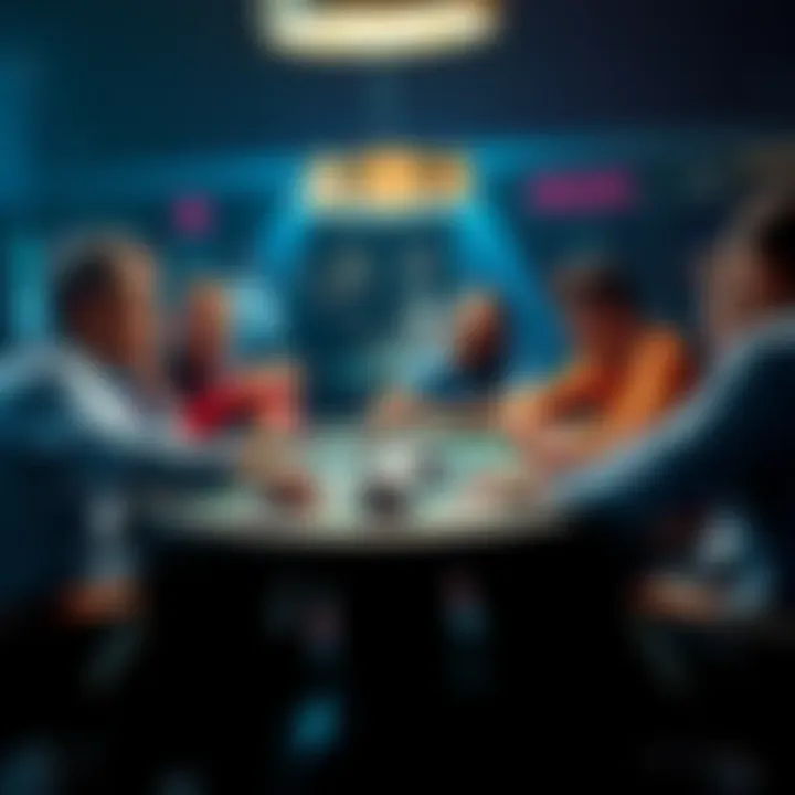 A group of poker players discussing the limping strategy at a table with cards and chips.