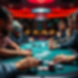 A group of poker players focusing on their hands at a live poker table, with chips and cards in front of them