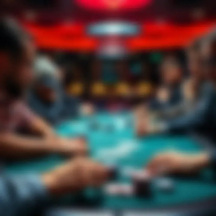 A group of poker players focusing on their hands at a live poker table, with chips and cards in front of them