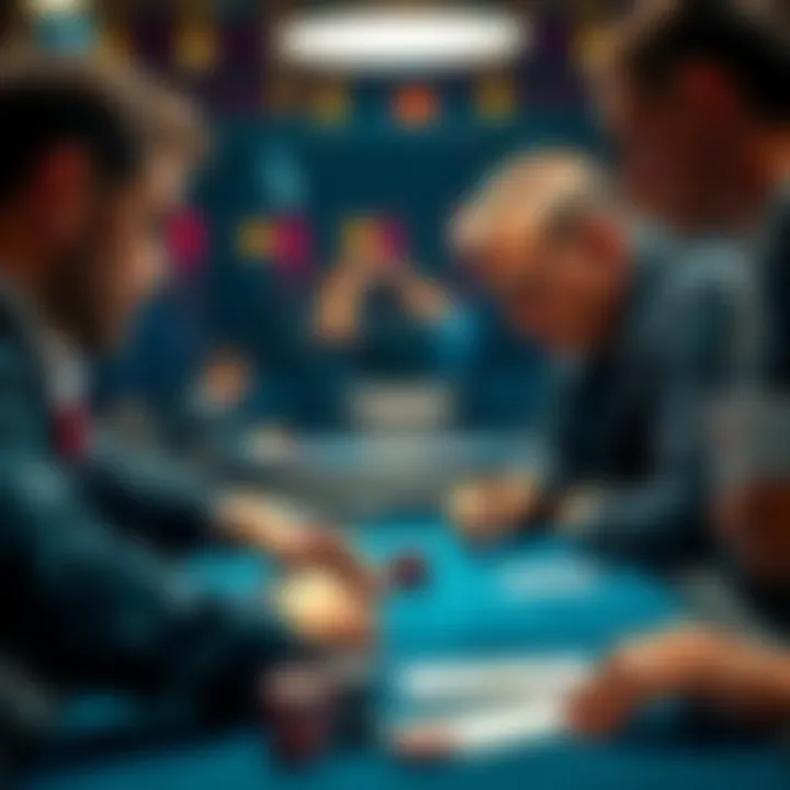 Two poker players focus intensely on the table, one showing a subtle tell while the other observes carefully. Chips and cards are visible in front of them.