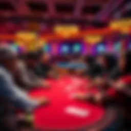 A group of players sitting at a poker table in a casino, engaged in a live tournament, with cards and chips in front of them.