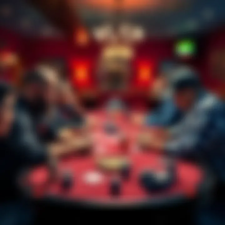 A group of poker players seated at a table in a lively restaurant, concentrating on their cards while chips and drinks are scattered around, illustrating a fast-paced tournament atmosphere with rising...