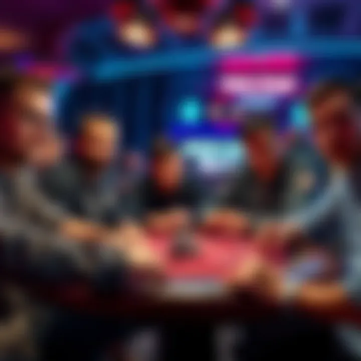 A group of focused poker players sitting around a small table with chips and cards, showcasing the competitiveness of micro stakes play.