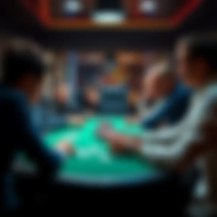Poker players in a private game A group of people playing poker at a table in a private setting, focused on their cards and chips