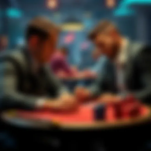 Two poker players analyzing game strategies at a table, balancing bluff frequencies and trends