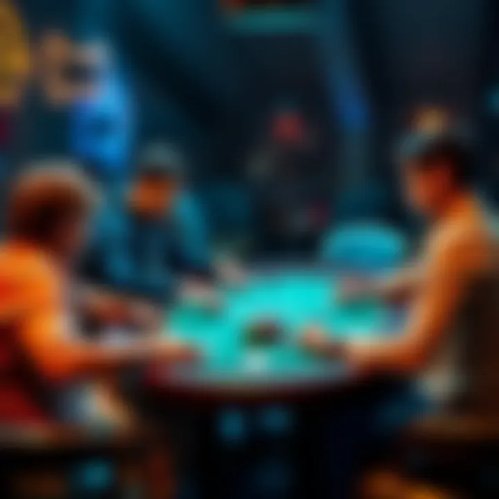 Two players discussing strategies at a low-stakes poker table, with cards and chips visible