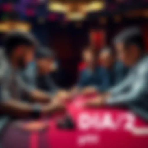 Players strategizing at a poker table A group of focused players discussing strategies at a poker table during a tournament