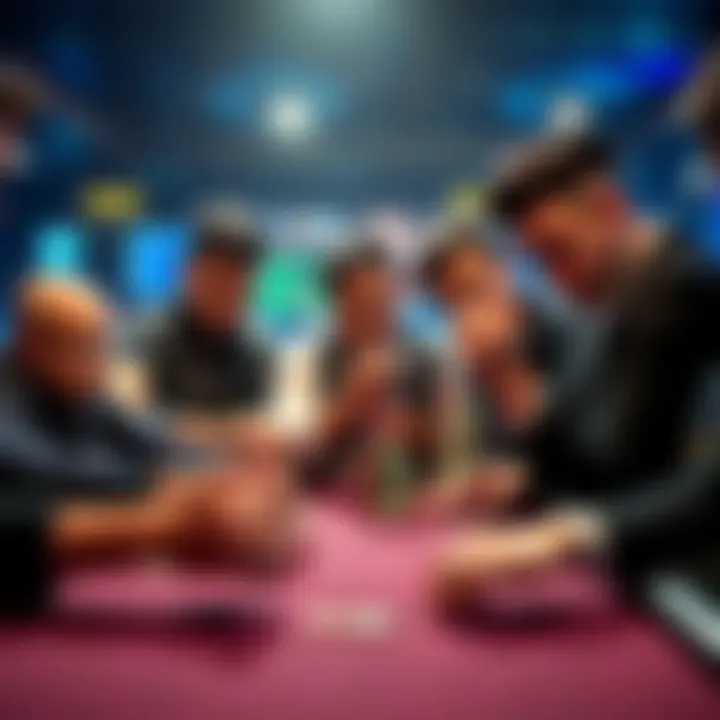 A group of poker players at a table, some stacking chips carefully, while one adjusts a card protector, showing their unique beliefs in luck.