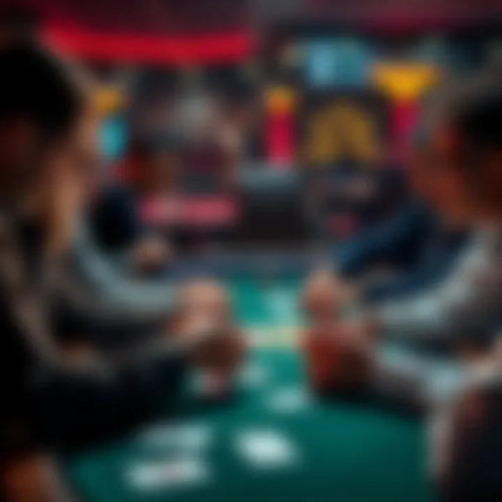 A group of poker players focused on their cards at a table, discussing strategy to avoid high-stake calls with average hands
