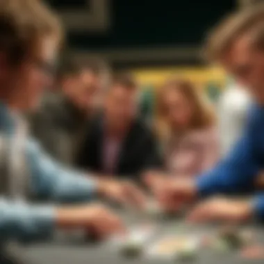 Poker players engaged at a table A group of poker players focused on their cards at a table, showcasing strategy and skill.