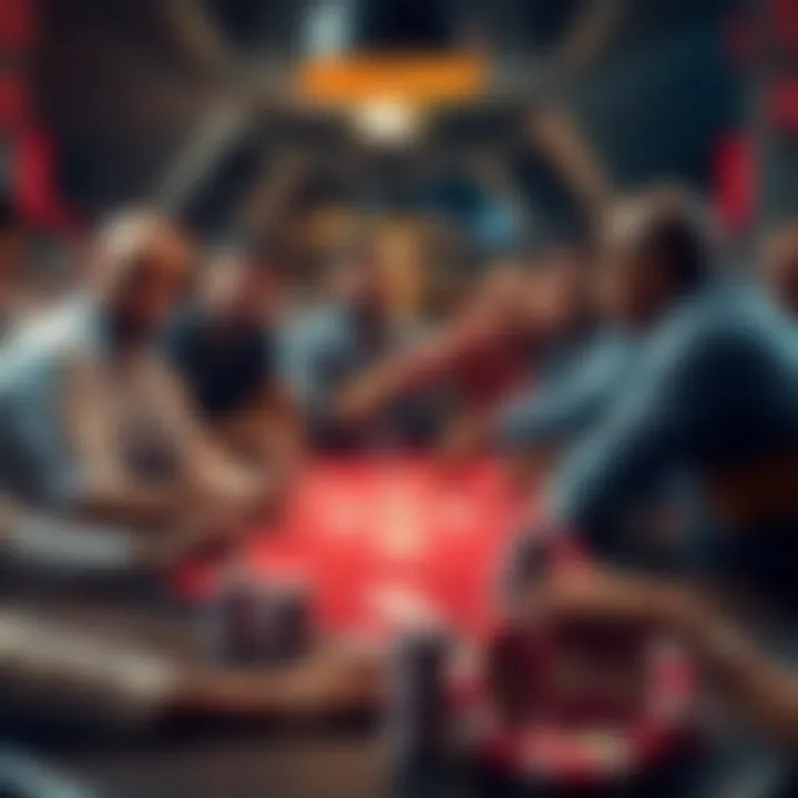 A group of diverse poker players displaying various attitudes while playing cards at a table.